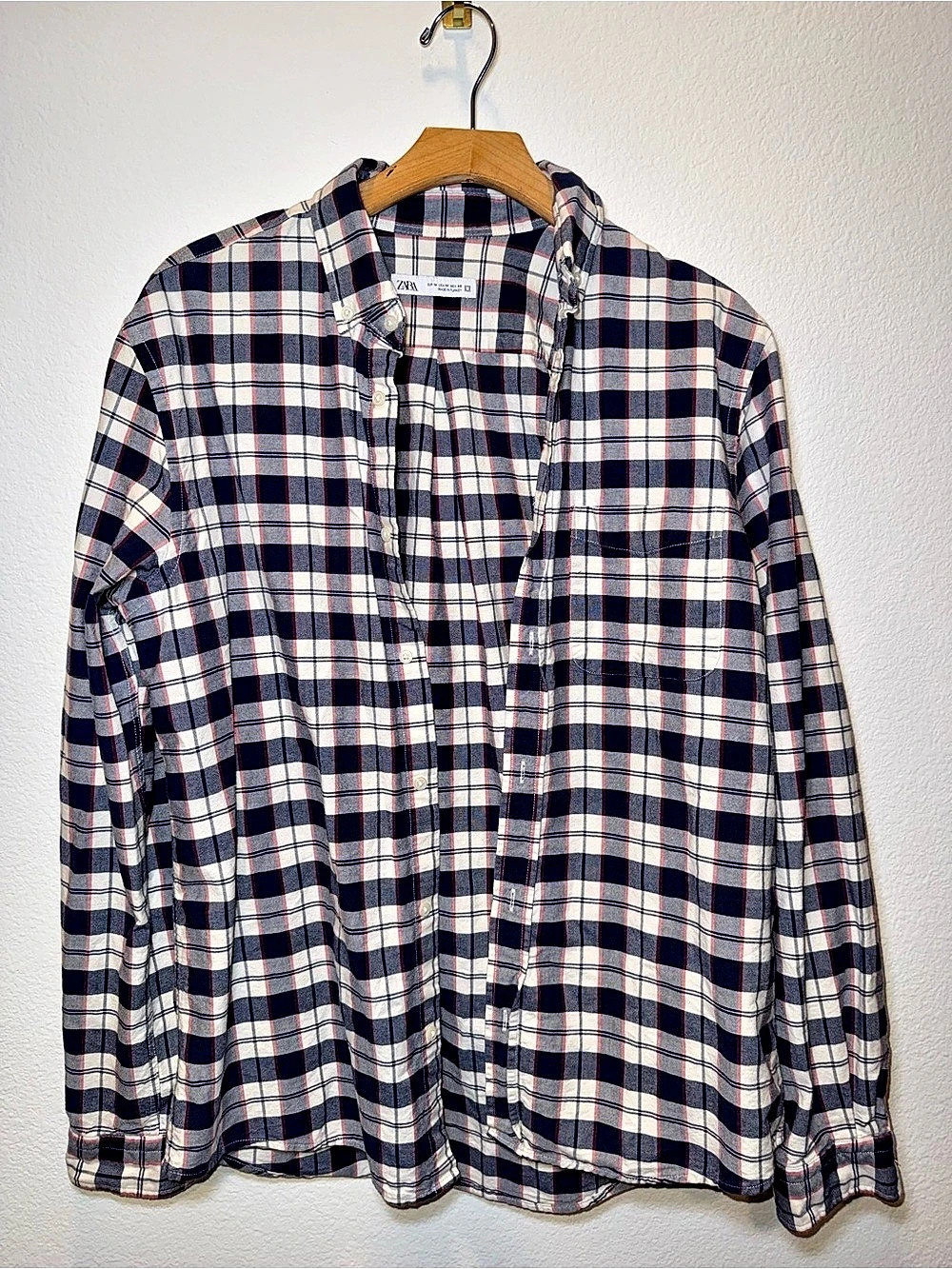 Zara Plaid Button Down Shirt Navy Red Cream Size M 100% Cotton